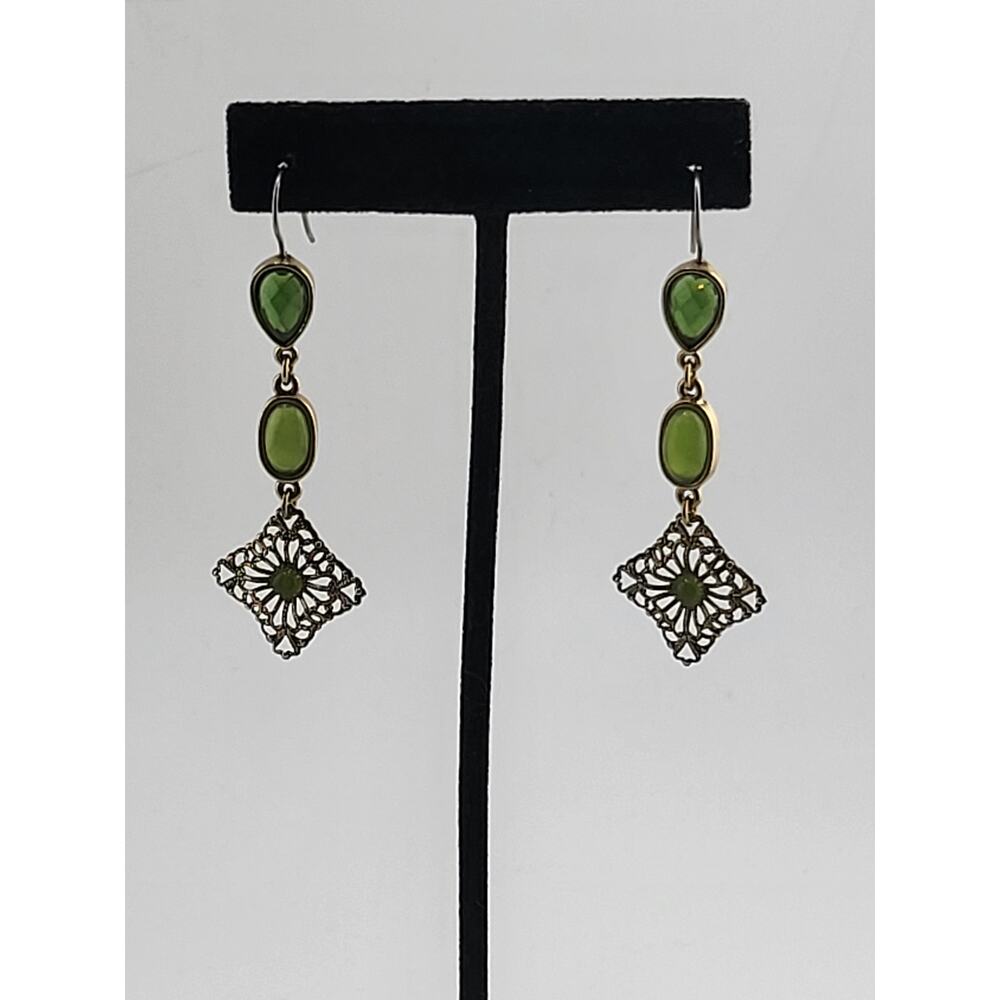 Vintage Green Dangle Earrings Filigree Drop Gold Tone Art Deco Style